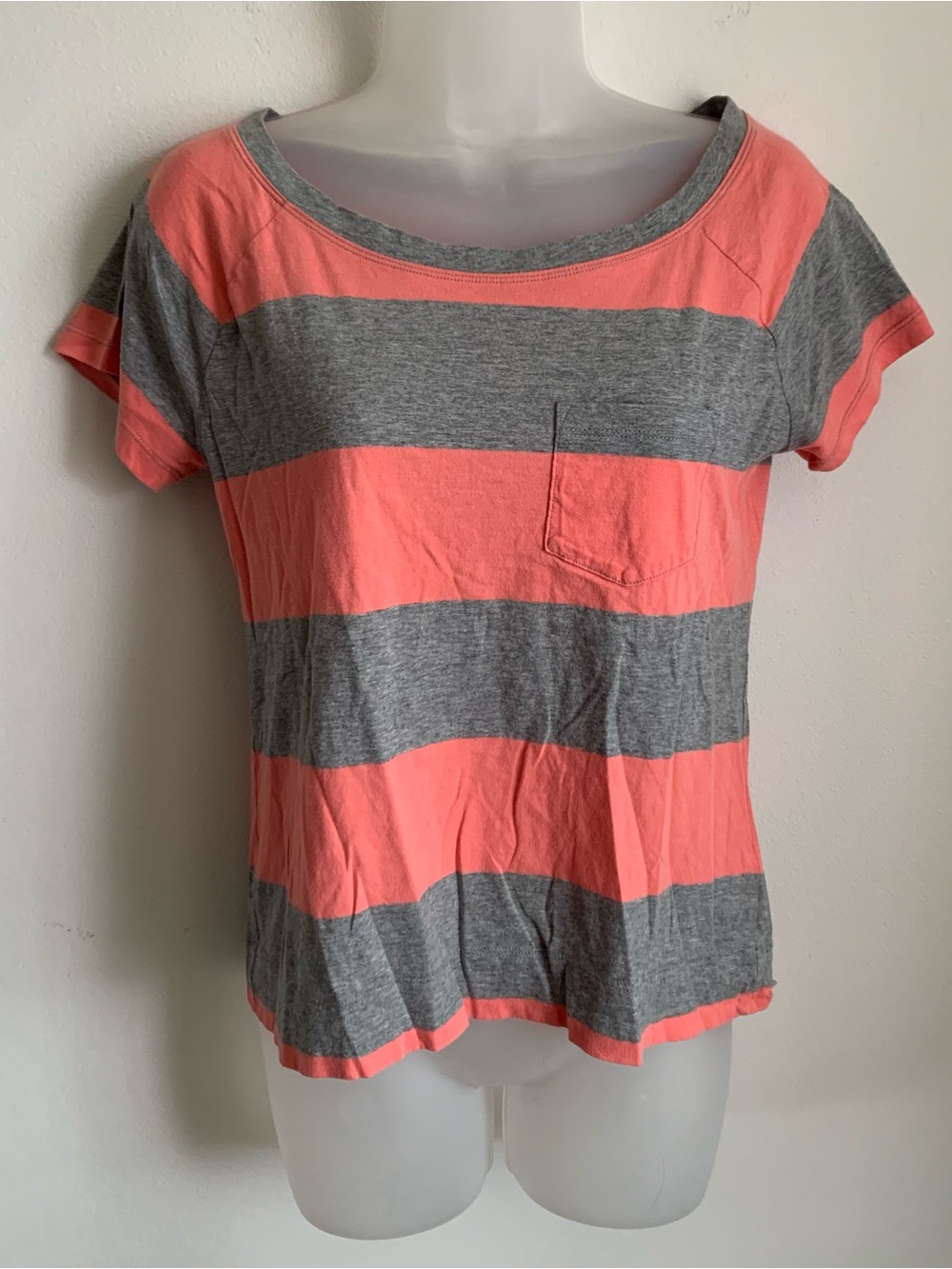 Banana Republic Coral and Gray Striped Scoop Neck Tee